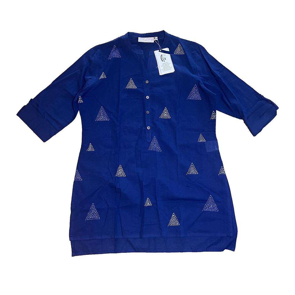 Utsa Cotton Tunic Dress Kurta Embroidered Button Down Large 96 cm Indigo Blue